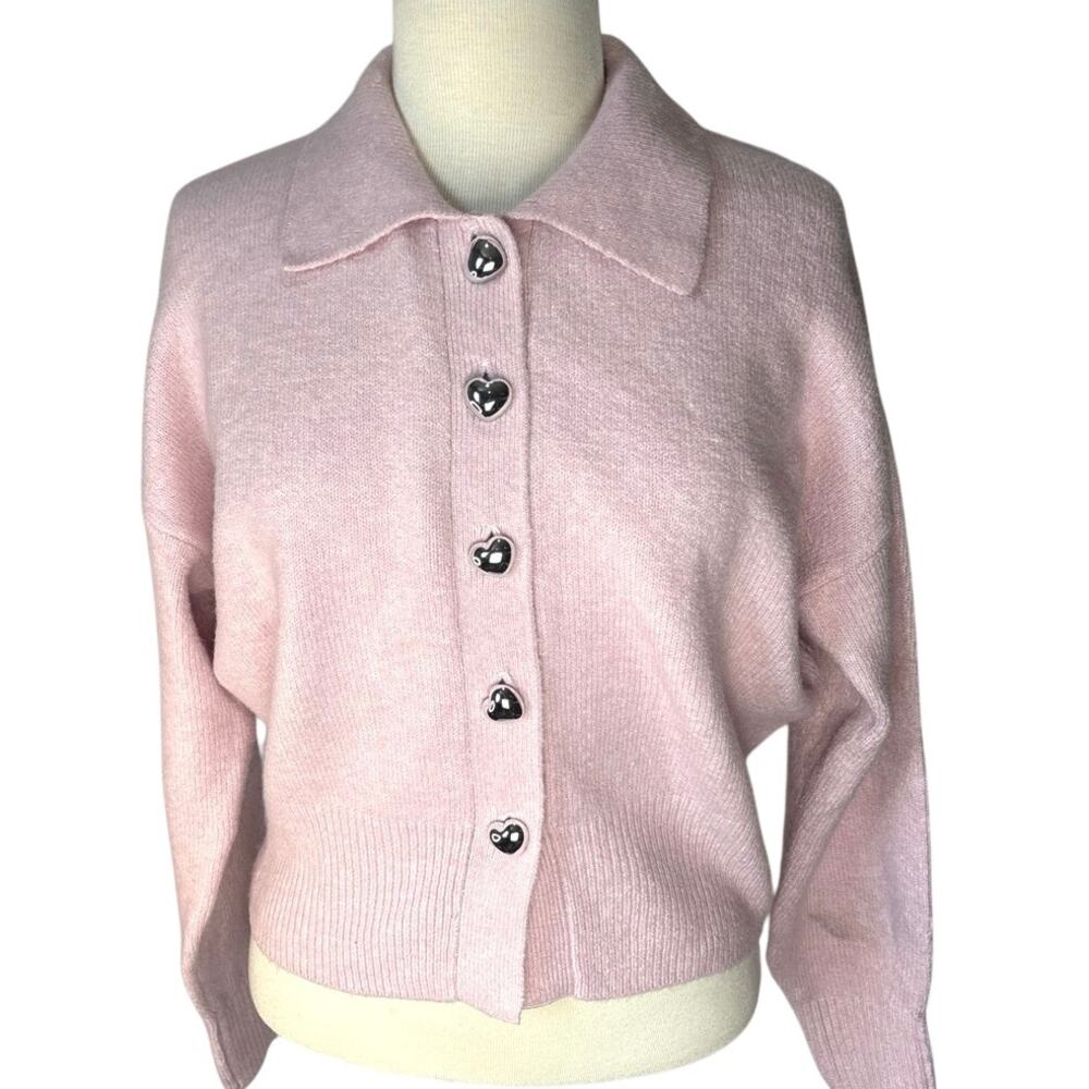 A New Day Pink Button down Cardigan Silver Heart Buttons Size Medium NWT